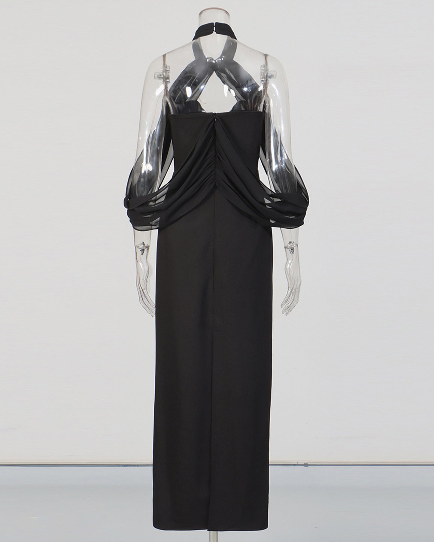 Black Halter Chiffon Sleeve Fitted Midi Dress