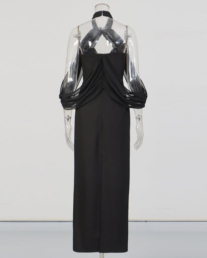 Black Halter Chiffon Sleeve Fitted Midi Dress