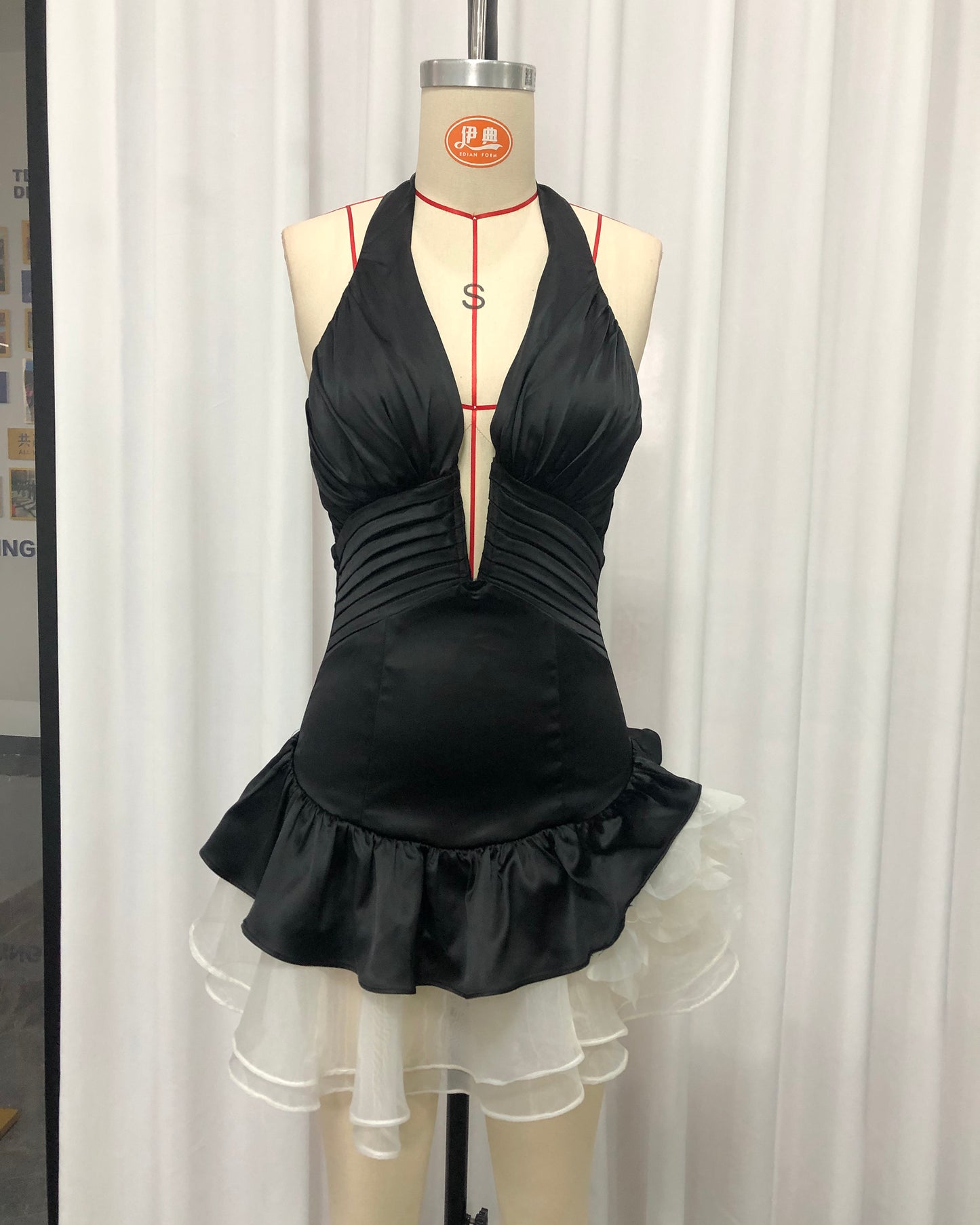 Black Halter Deep V Ruffled Mini Dress