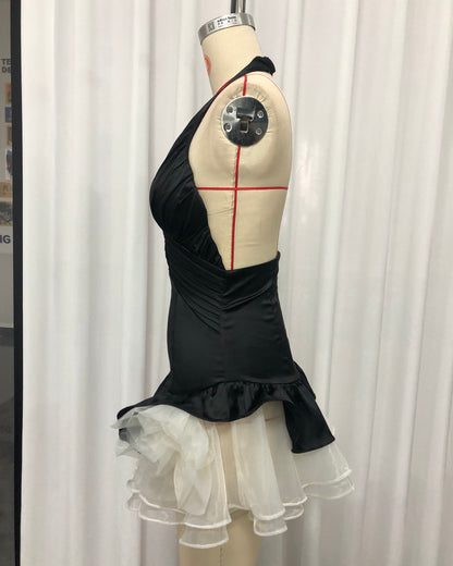Black Halter Deep V Ruffled Mini Dress