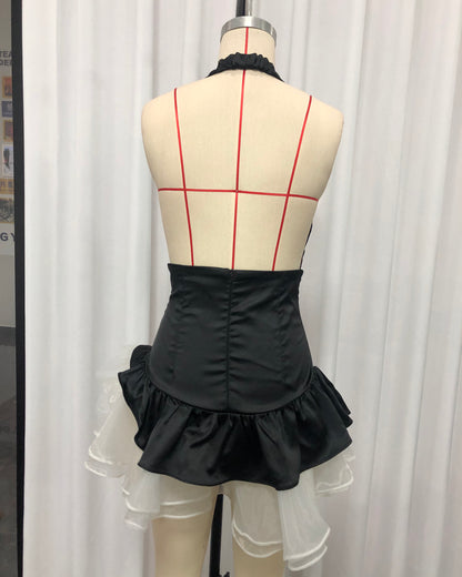 Black Halter Deep V Ruffled Mini Dress