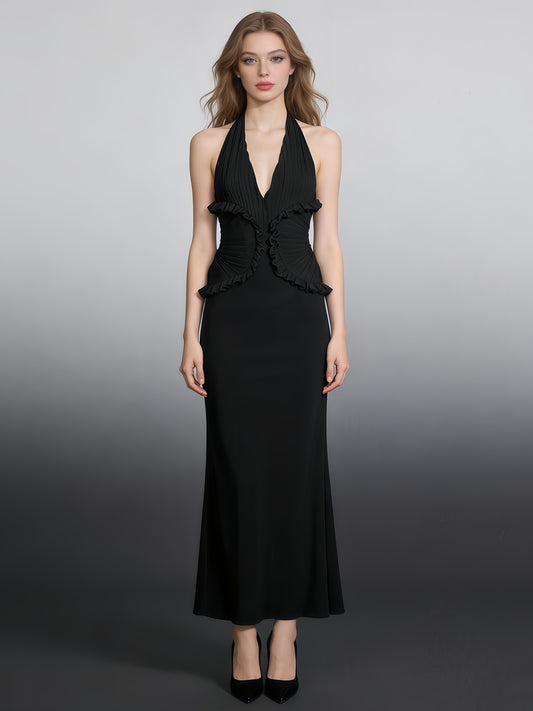 Black Halter Gown with Ruffle Accents & Ruched Waist