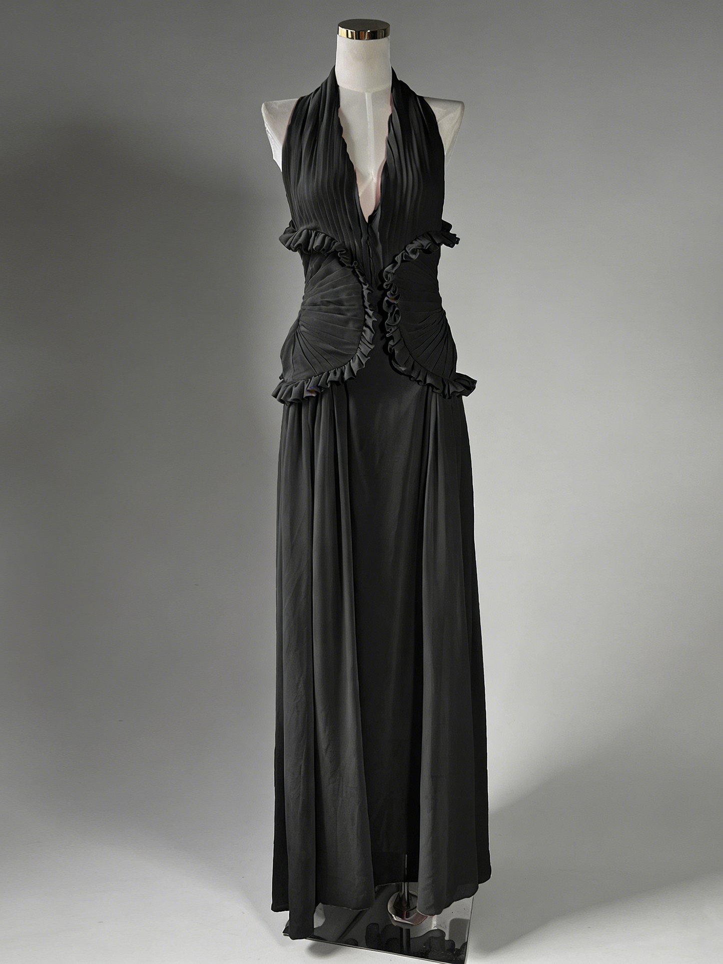 Black Halter Gown with Ruffle Accents & Ruched Waist