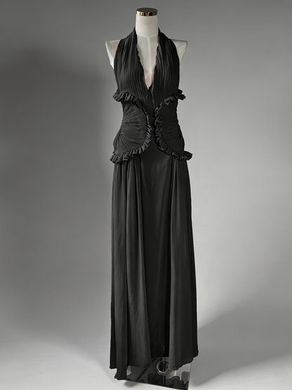 Black Halter Gown with Ruffle Accents & Ruched Waist