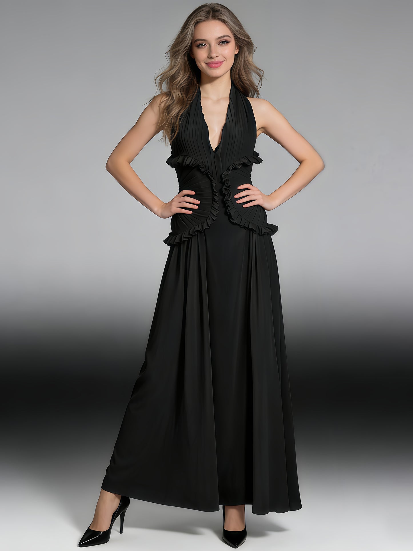 Black Halter Gown with Ruffle Accents & Ruched Waist