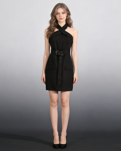Black Halter Neck Belted Mini Dress