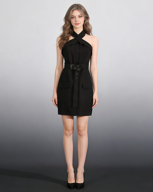 Black Halter Neck Belted Mini Dress