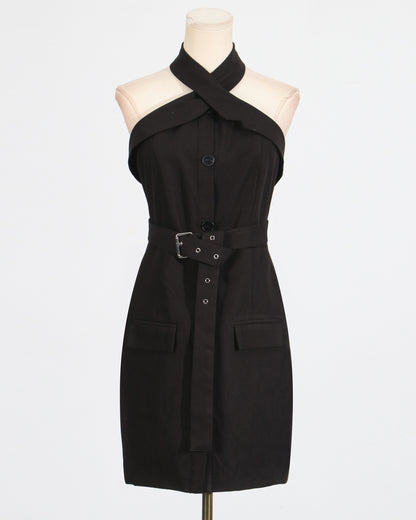 Black Halter Neck Belted Mini Dress