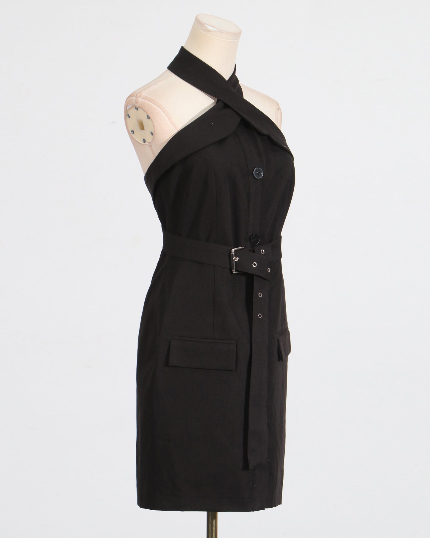 Black Halter Neck Belted Mini Dress