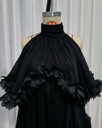 Black Halter Neck Chiffon Spliced Flower Dress