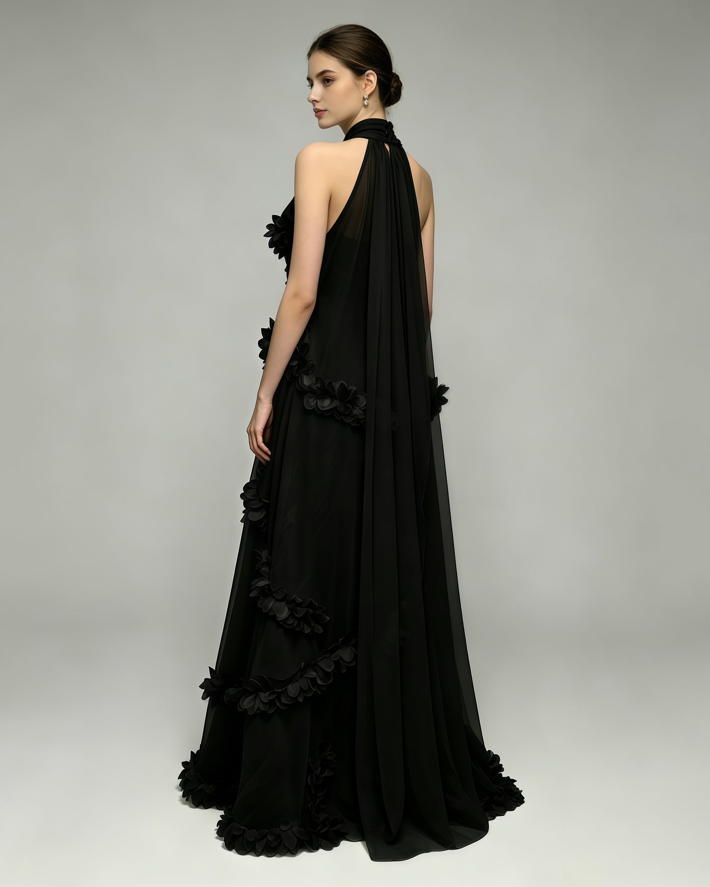 Black Halter Neck Chiffon Spliced Flower Dress