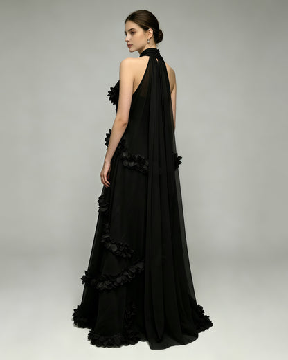 Black Halter Neck Chiffon Spliced Flower Dress