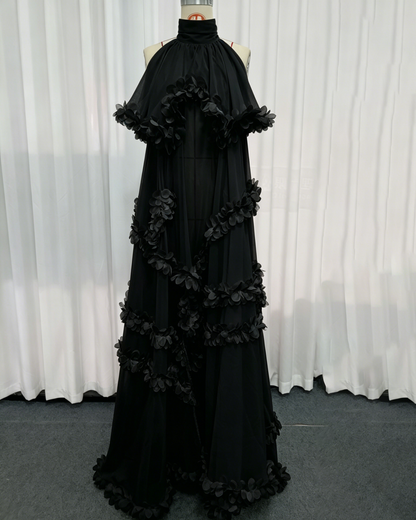 Black Halter Neck Chiffon Spliced Flower Dress