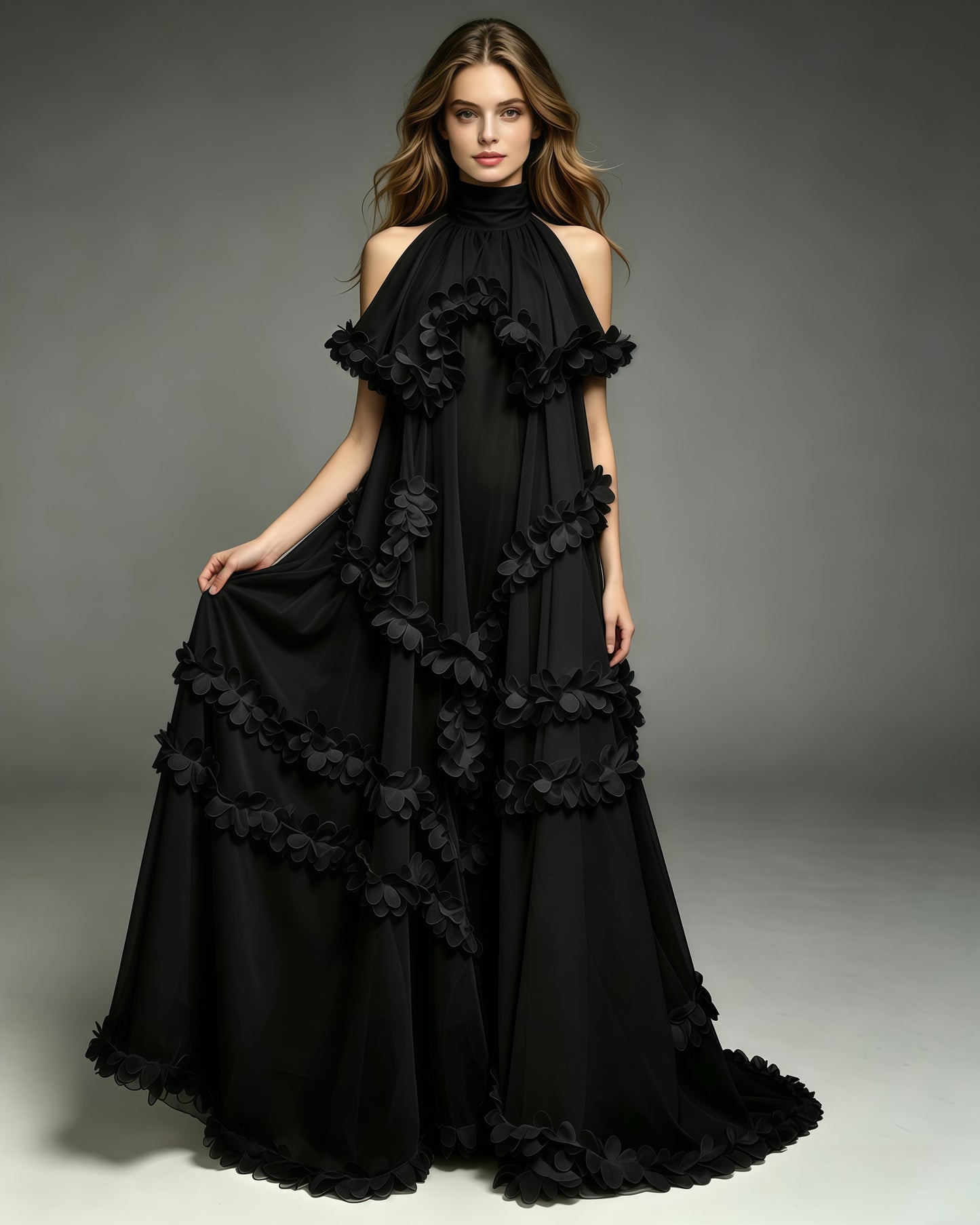 Black Halter Neck Chiffon Spliced Flower Dress