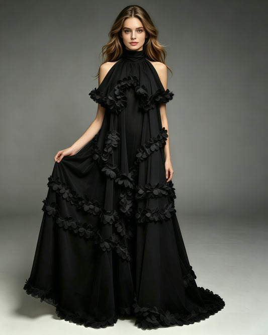 Black Halter Neck Chiffon Spliced Flower Dress