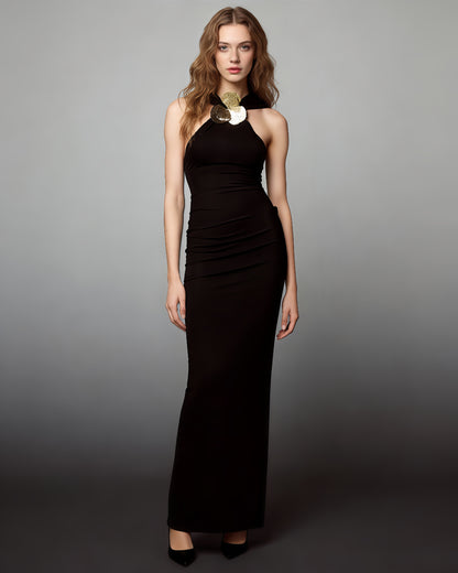 Black Halter Neck Gold Floral Maxi Dress