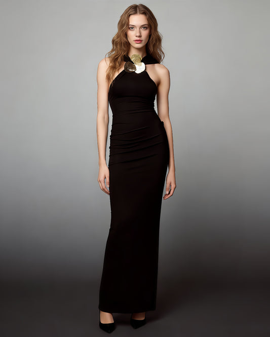 Black Halter Neck Gold Floral Maxi Dress