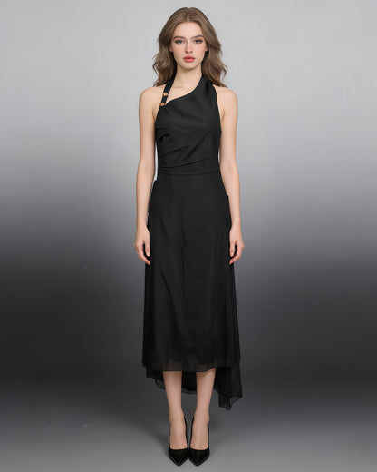 Black Halter Ruched Midi Dress