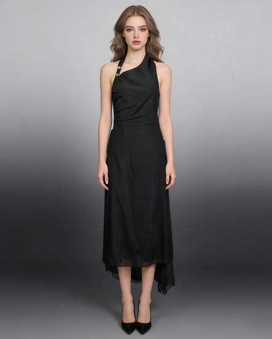 Black Halter Ruched Midi Dress