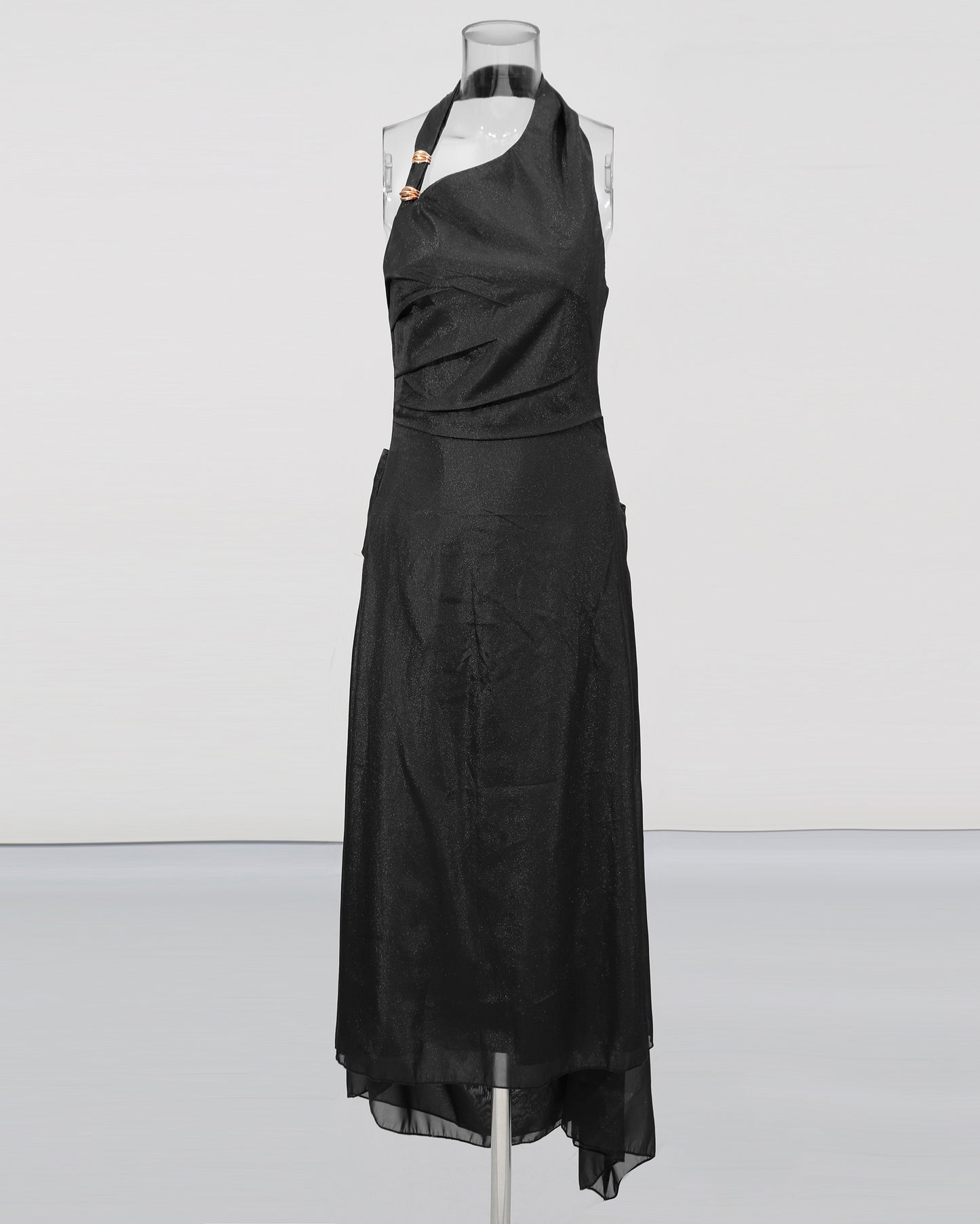 Black Halter Ruched Midi Dress