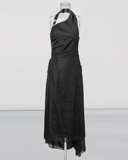 Black Halter Ruched Midi Dress