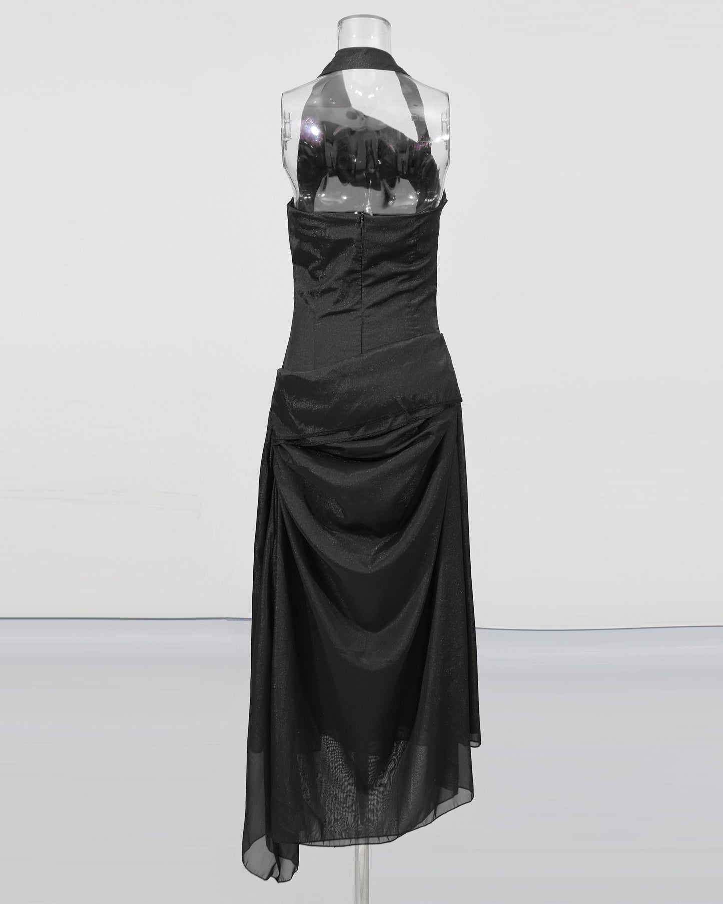 Black Halter Ruched Midi Dress