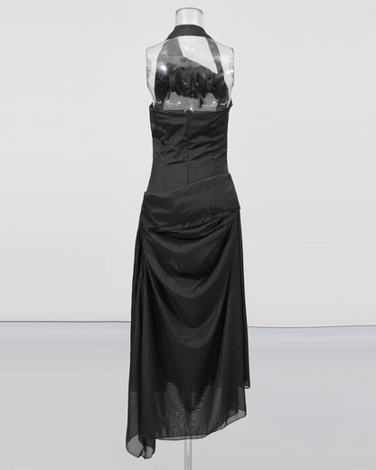 Black Halter Ruched Midi Dress