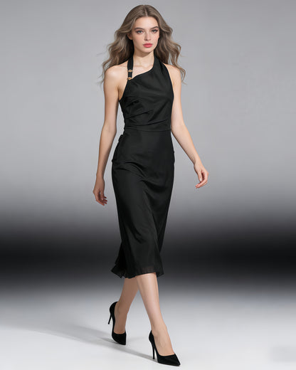 Black Halter Ruched Midi Dress