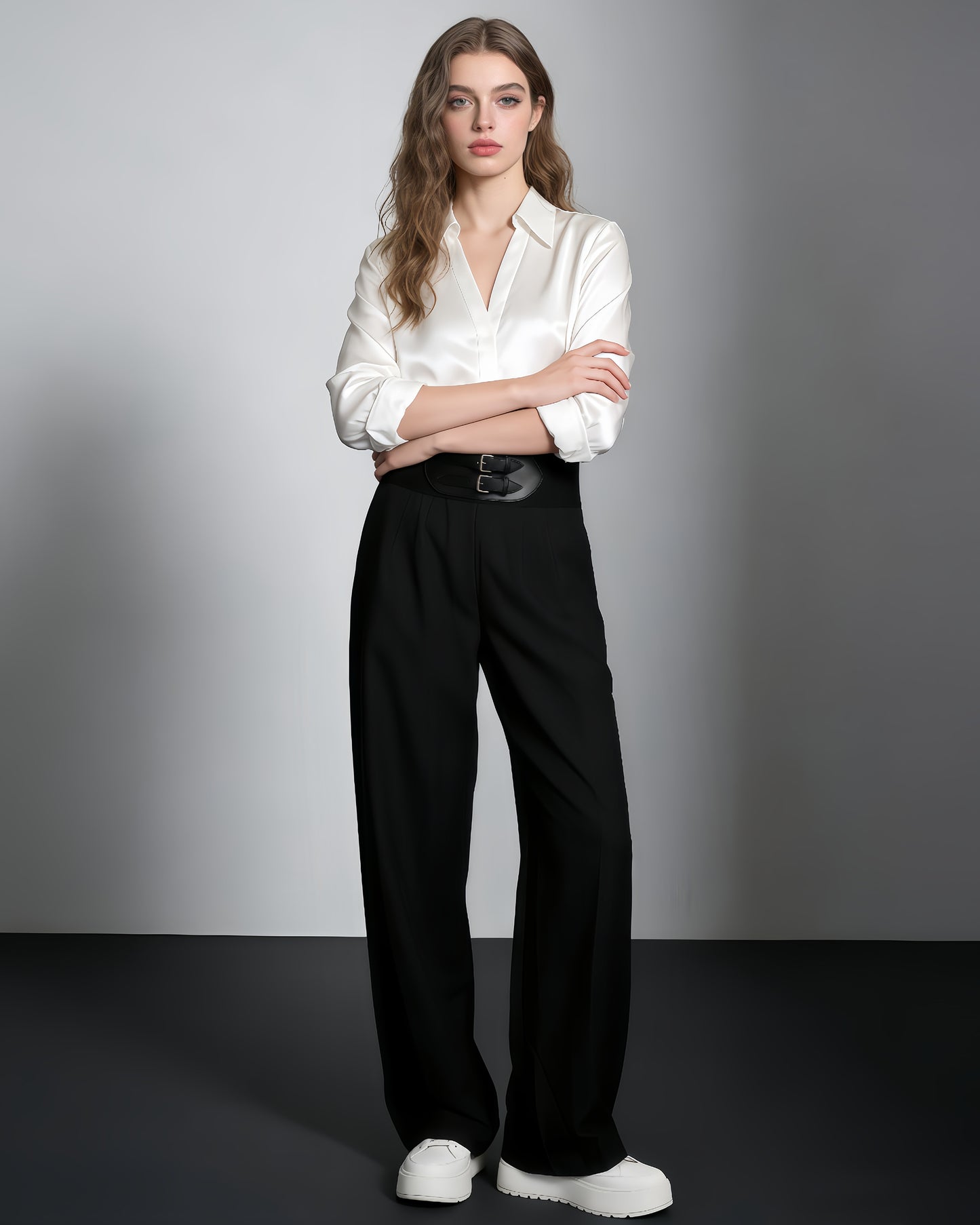 Black High-Waist Wide-Leg Trousers with Belt
