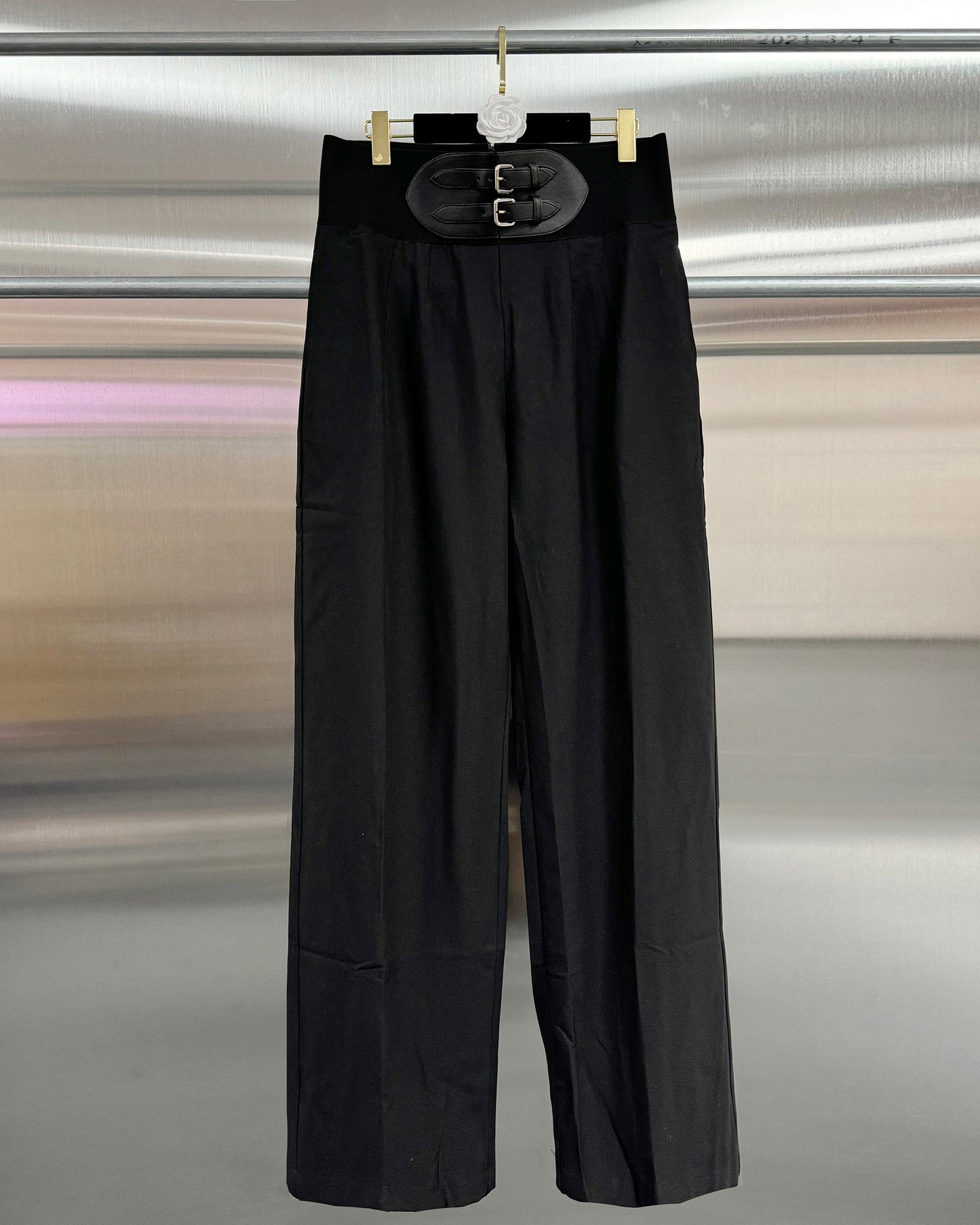 Black High-Waist Wide-Leg Trousers with Belt