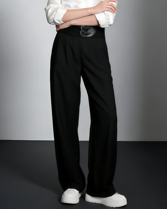 Black High-Waist Wide-Leg Trousers with Belt