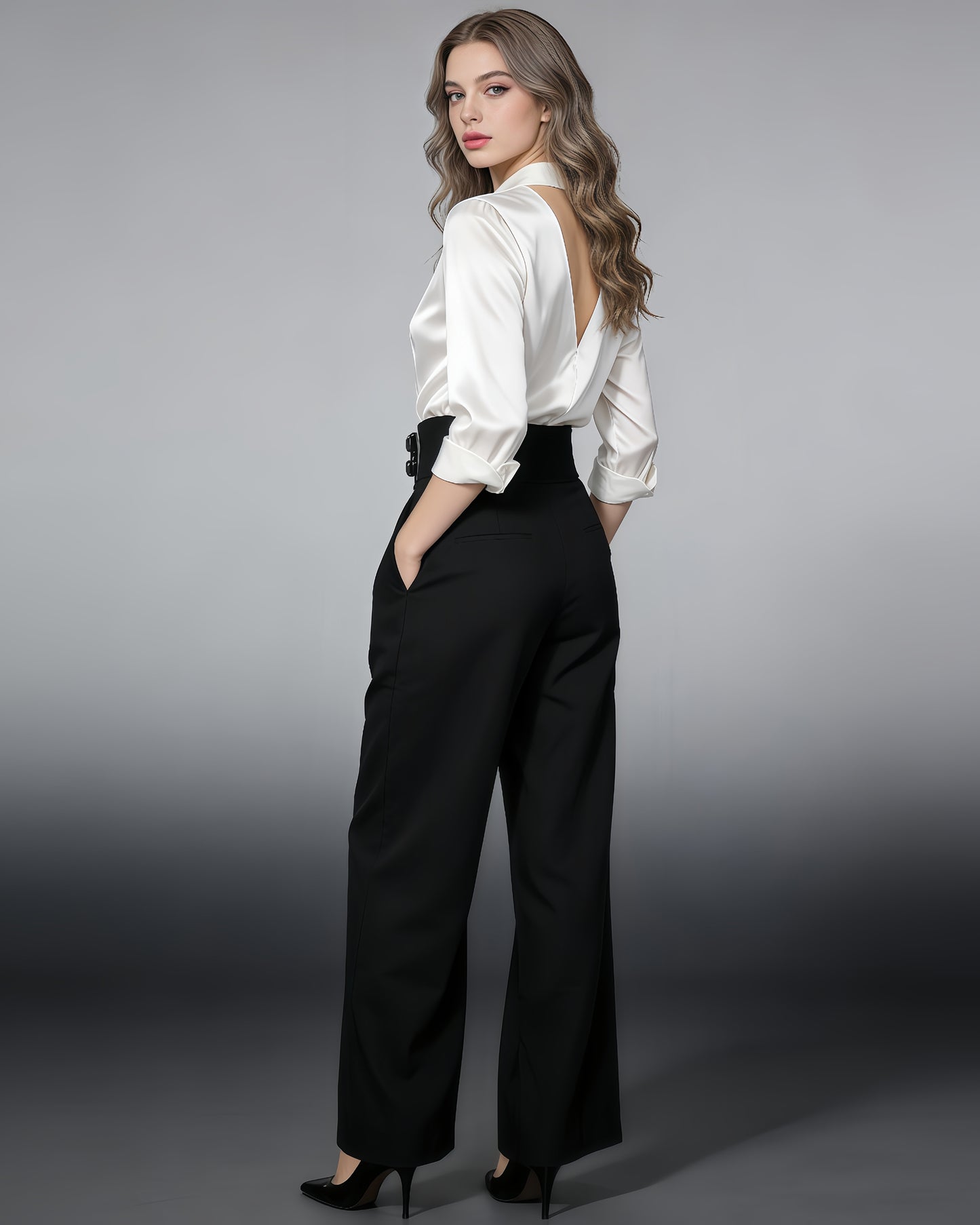 Black High-Waist Wide-Leg Trousers with Belt