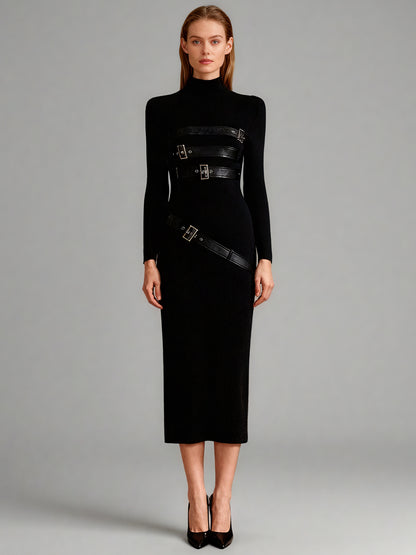 Black High Neck Midi Dress with Leather Buckle Details