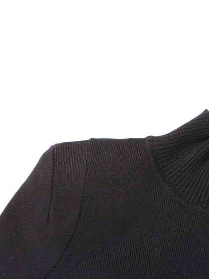 Black High Neck Midi Dress with Leather Buckle Details