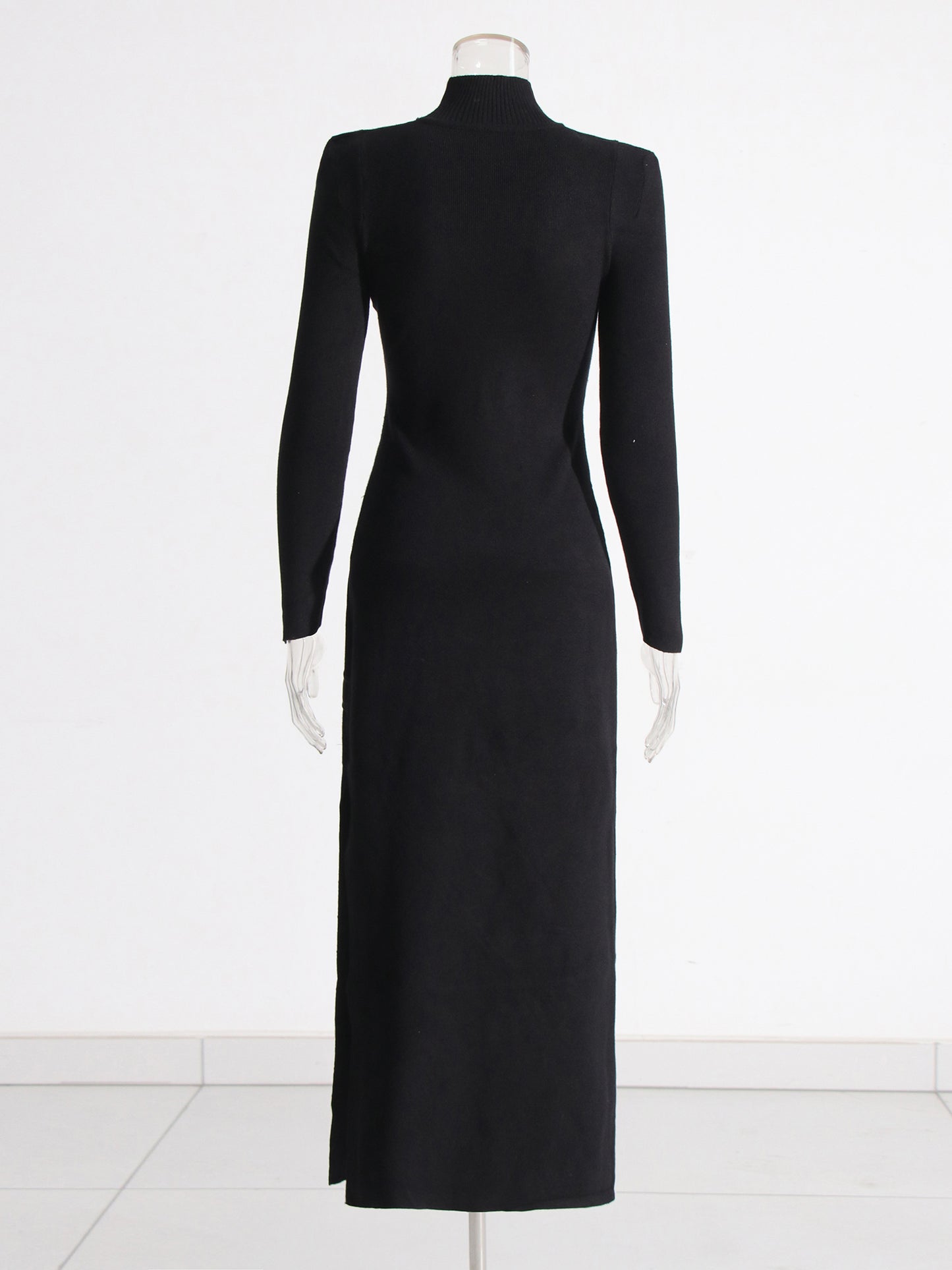 Black High Neck Midi Dress with Leather Buckle Details