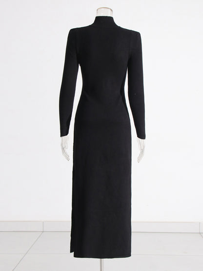 Black High Neck Midi Dress with Leather Buckle Details