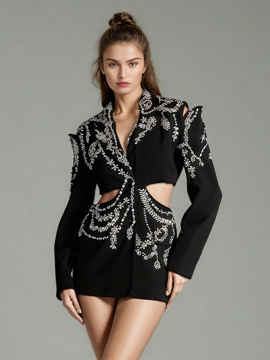 Black Hollow-Out Blazer with Rhinestone Embellishments