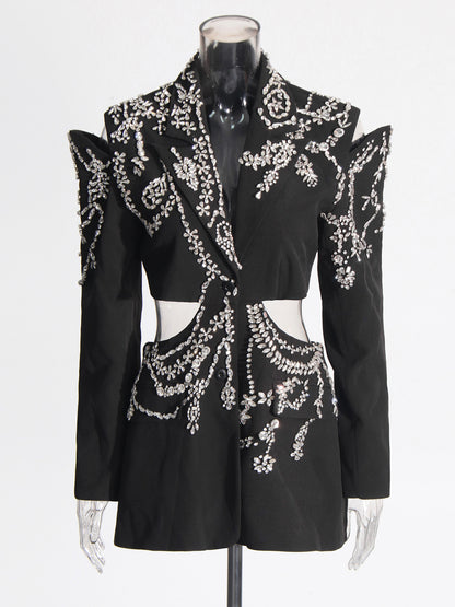 Black Hollow-Out Blazer with Rhinestone Embellishments