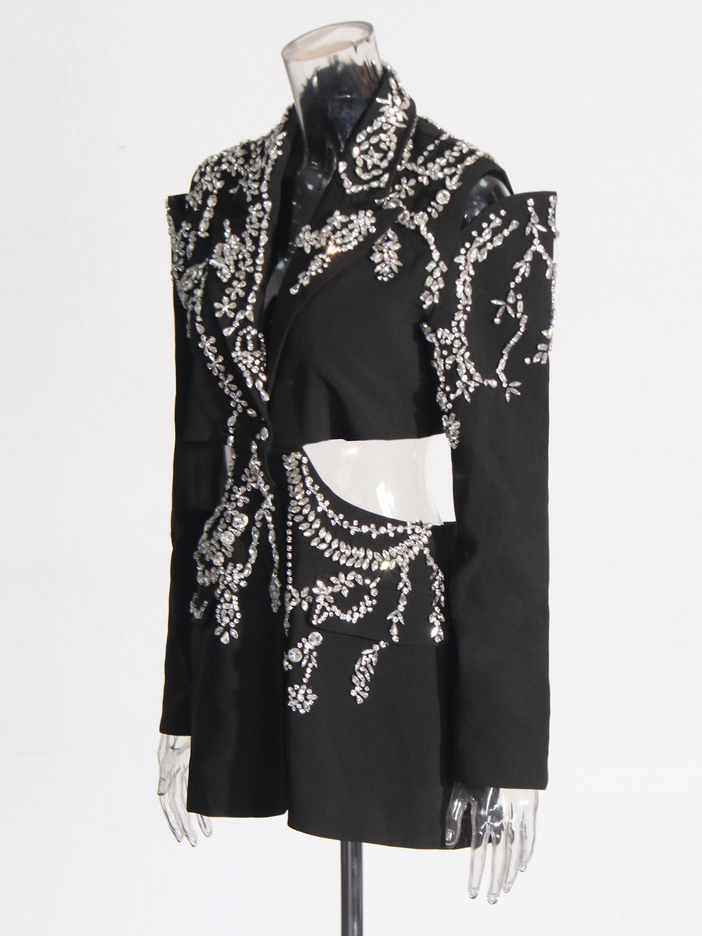 Black Hollow-Out Blazer with Rhinestone Embellishments