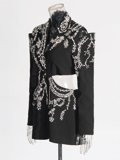 Black Hollow-Out Blazer with Rhinestone Embellishments