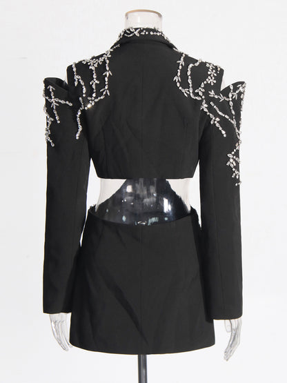 Black Hollow-Out Blazer with Rhinestone Embellishments