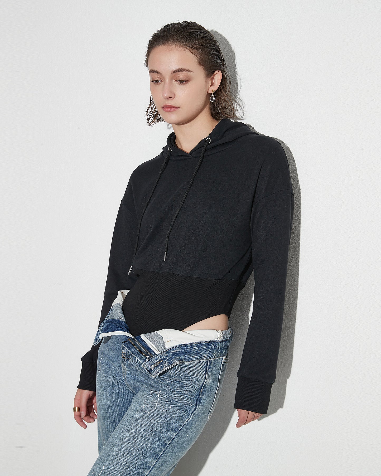 Black Hooded Bodysuit Sweatshirt