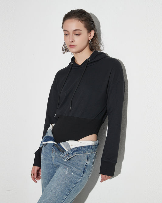 Black Hooded Bodysuit Sweatshirt
