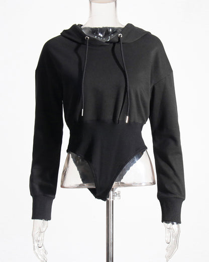 Black Hooded Bodysuit Sweatshirt