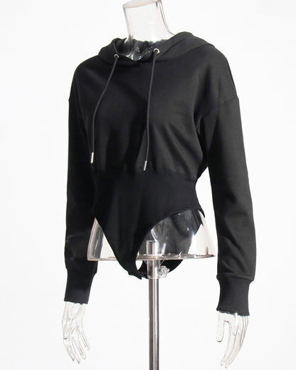 Black Hooded Bodysuit Sweatshirt