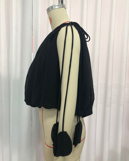 Black Irregular Sleeves Cropped Blouse