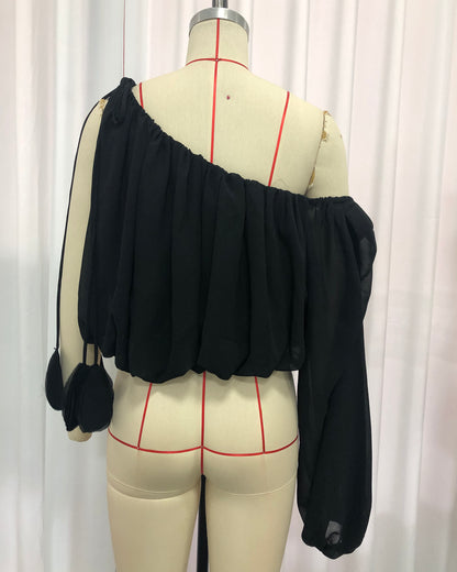 Black Irregular Sleeves Cropped Blouse