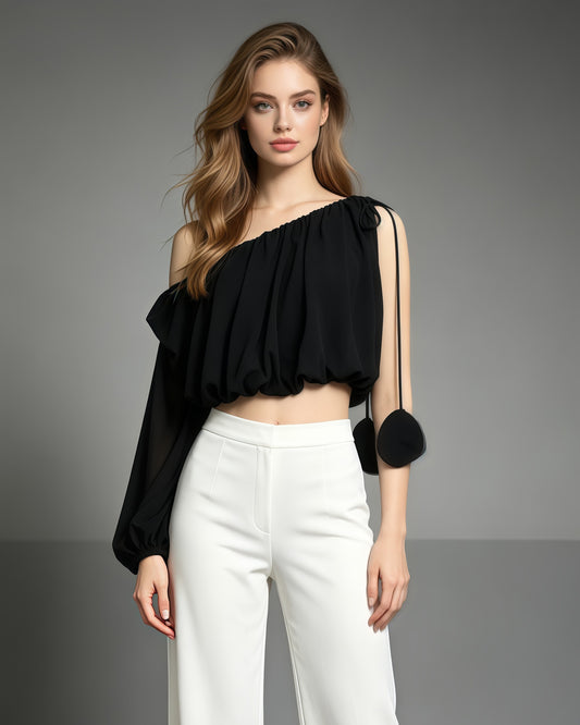 Black Irregular Sleeves Cropped Blouse
