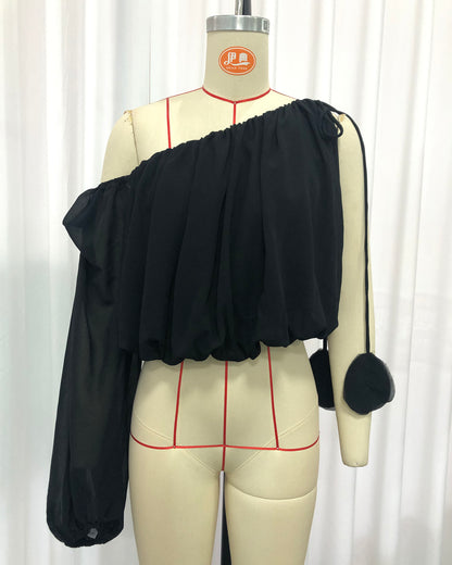 Black Irregular Sleeves Cropped Blouse