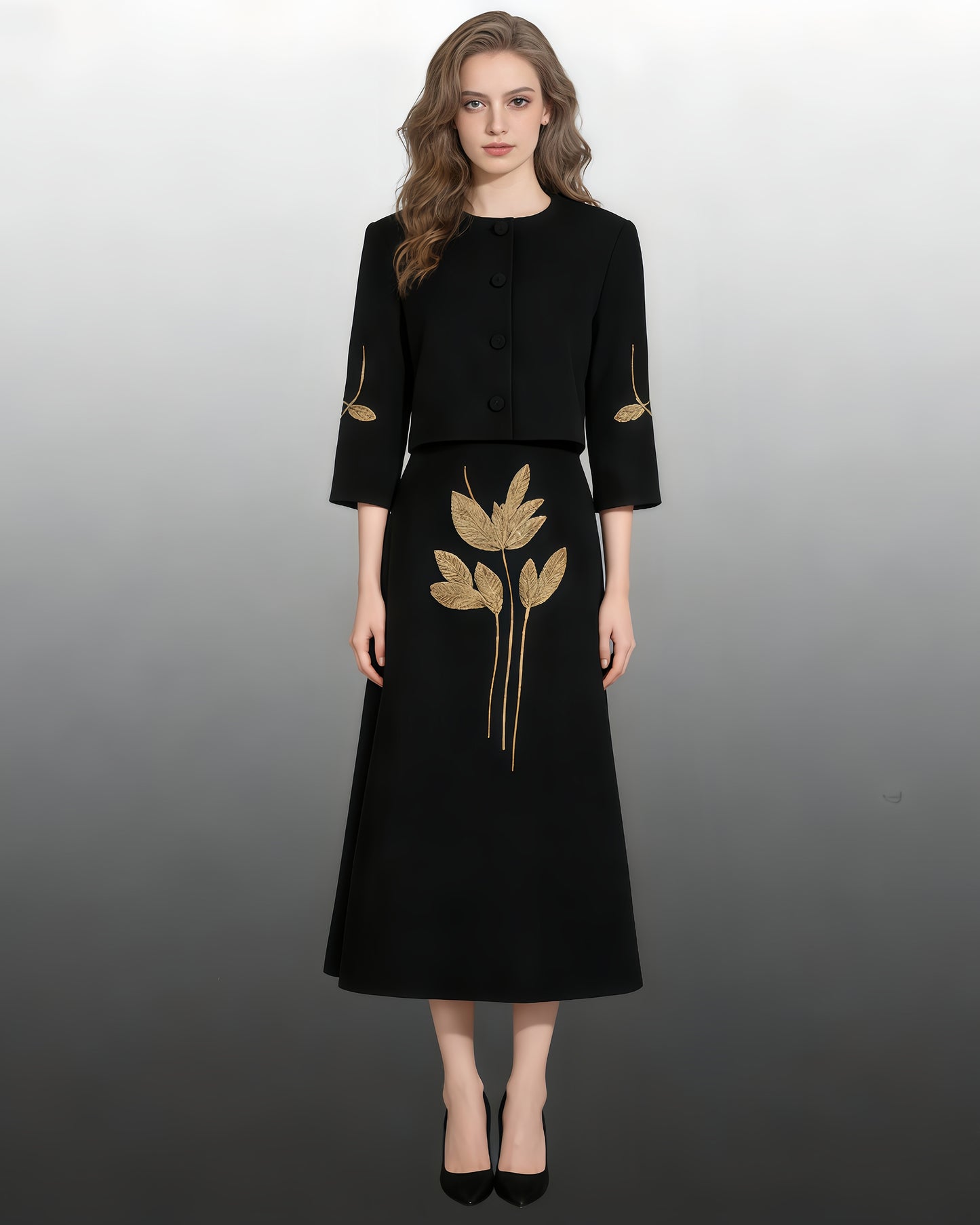 Black Jacket & Embellished Midi Skirt Set